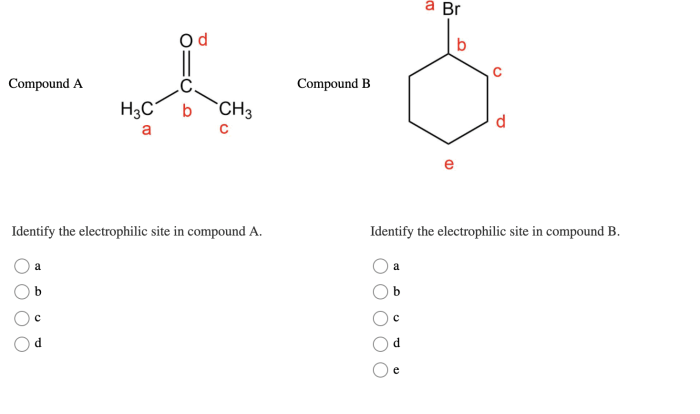 Identify the electrophilic site in the molecule shown